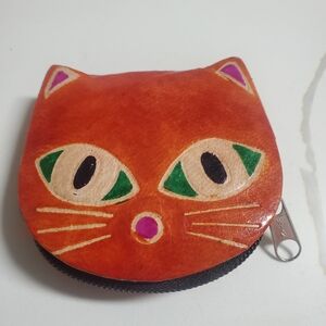 Cat Face Coin Purse - Orange and Green Shantiniketan Small Leather Coin Vintage
